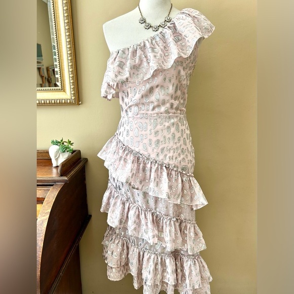 Lovers + Friends Willow One-Shoulder Ruffle Dress Powder Pink Metallic NWT - Picture 2 of 7